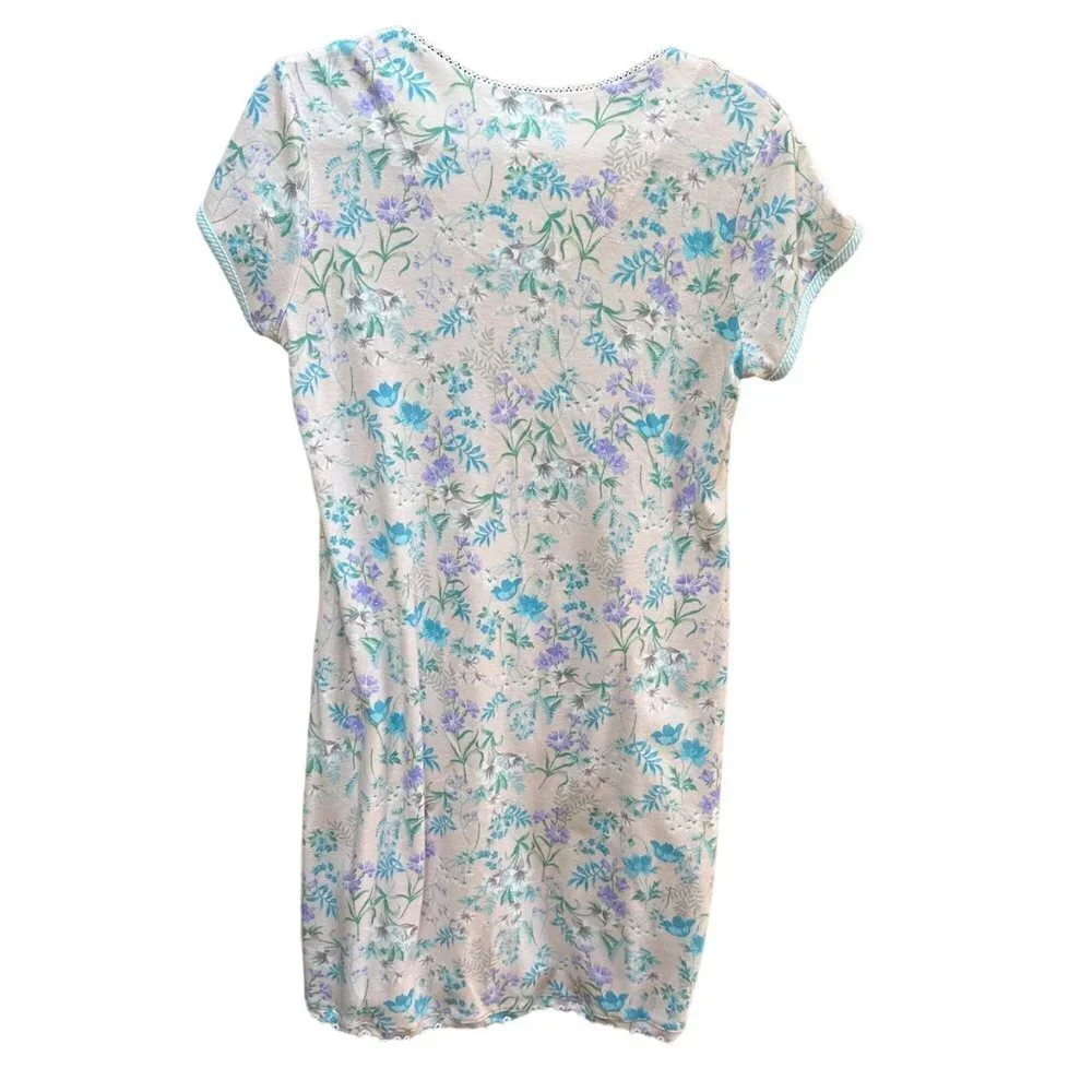 Miss Elaine Floral Print Pullover Eyelet Trim Knit‎ Nightgown Women's Size Small